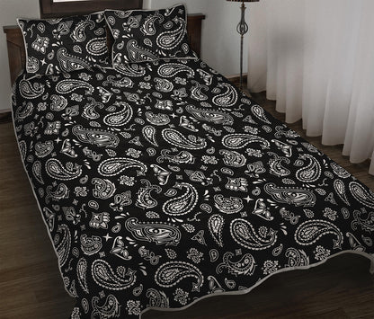 Black Paisley Bandana Pattern Print Quilt Bed Set