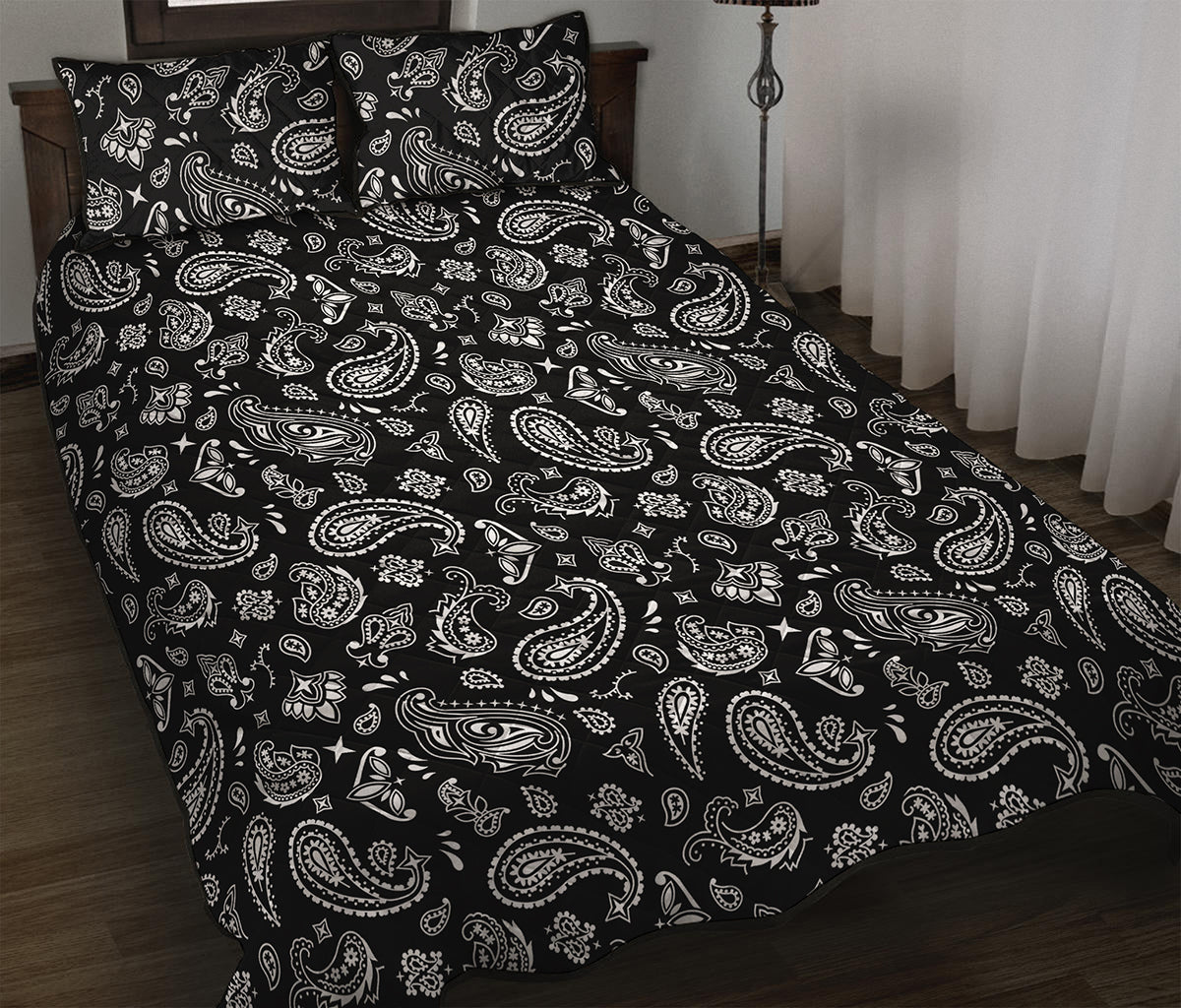 Black Paisley Bandana Pattern Print Quilt Bed Set