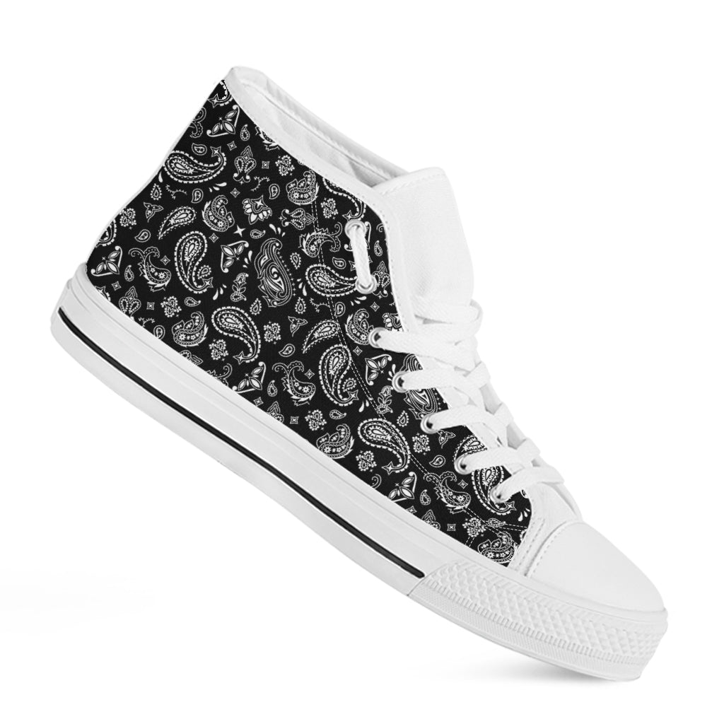Black Paisley Bandana Pattern Print White High Top Shoes