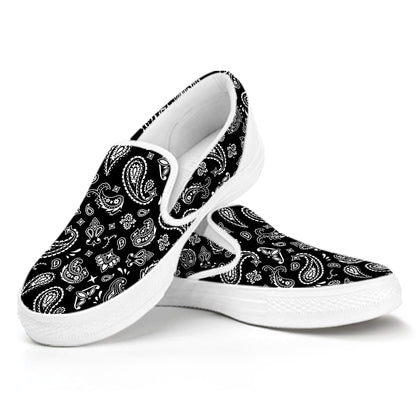 Black Paisley Bandana Pattern Print White Slip On Shoes