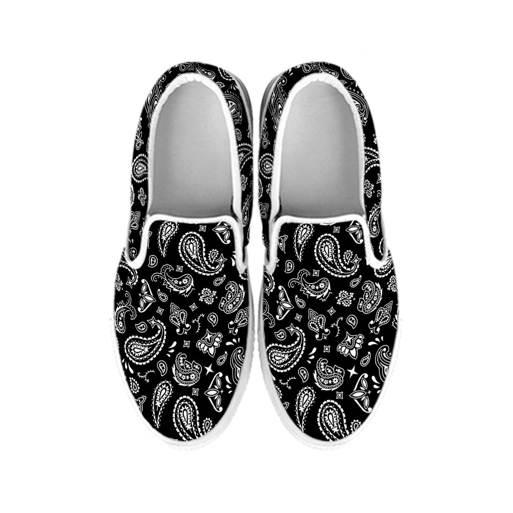 Black Paisley Bandana Pattern Print White Slip On Shoes