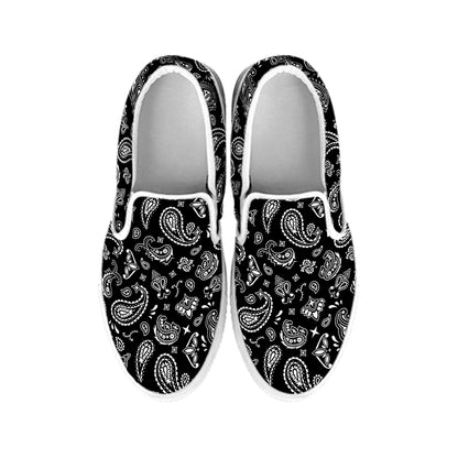 Black Paisley Bandana Pattern Print White Slip On Shoes