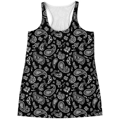 Black Paisley Bandana Pattern Print Women's Racerback Tank Top