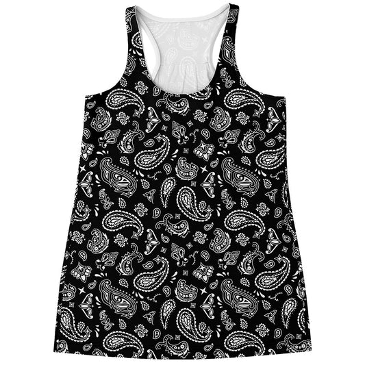 Black Paisley Bandana Pattern Print Women's Racerback Tank Top