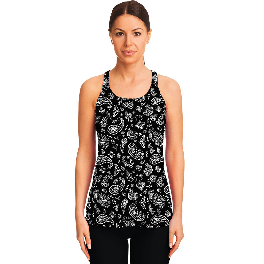 Black Paisley Bandana Pattern Print Women's Racerback Tank Top