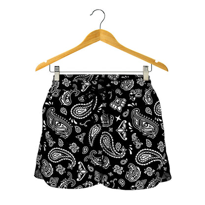 Black Paisley Bandana Pattern Print Women's Shorts
