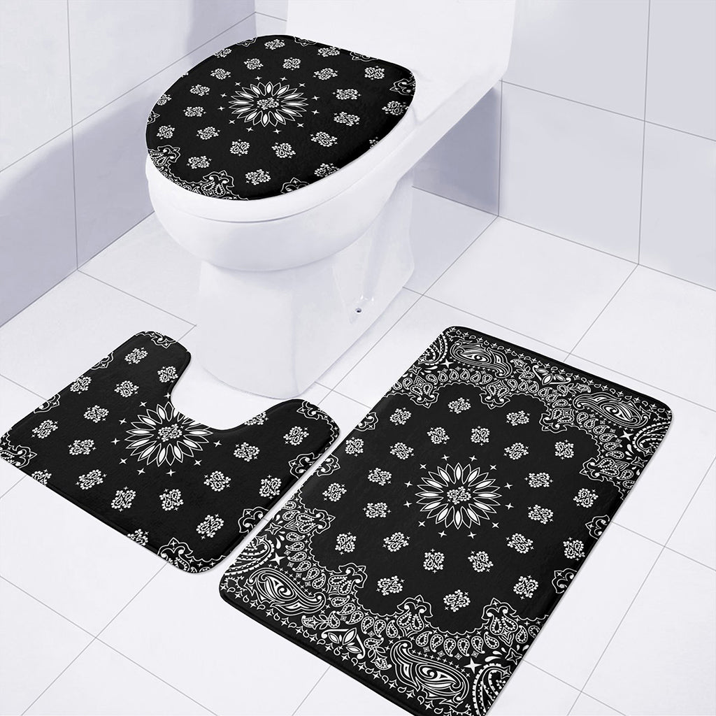 Black Paisley Bandana Print 3 Piece Bath Mat Set