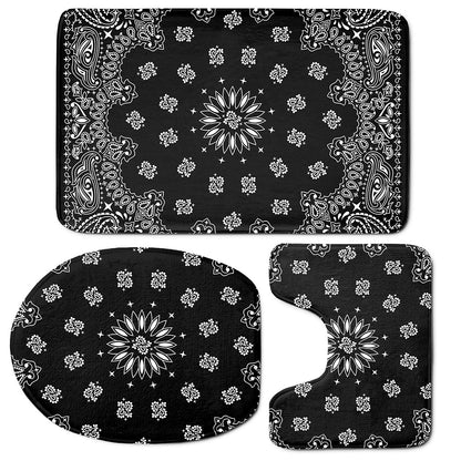 Black Paisley Bandana Print 3 Piece Bath Mat Set