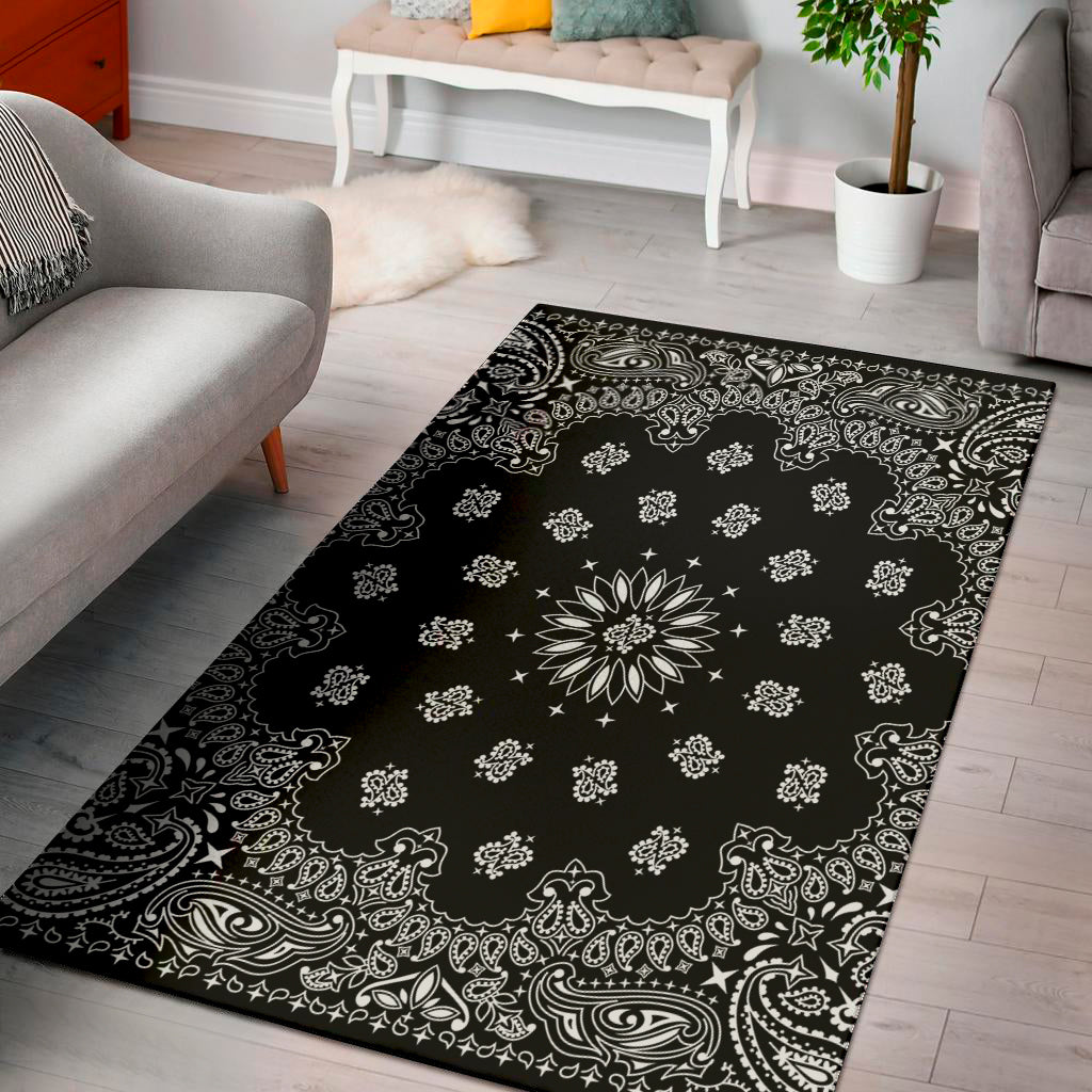 Black Paisley Bandana Print Area Rug