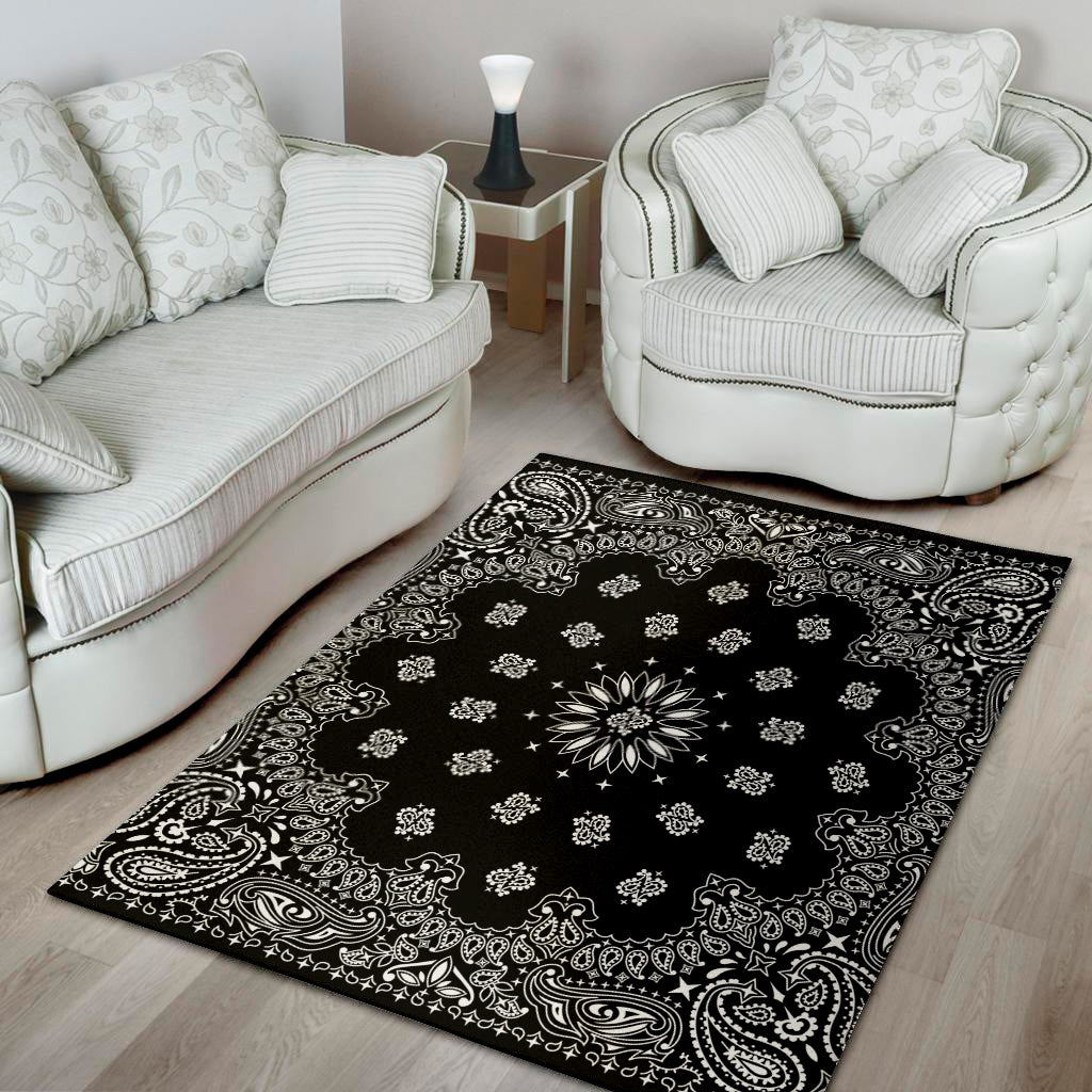 Black Paisley Bandana Print Area Rug