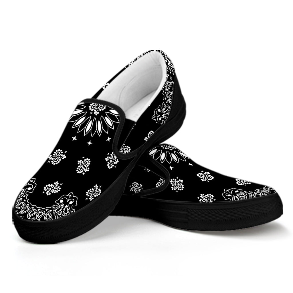 Black Paisley Bandana Print Black Slip On Shoes