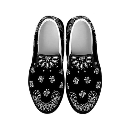 Black Paisley Bandana Print Black Slip On Shoes