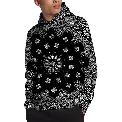 Black Paisley Bandana Print Pullover Hoodie