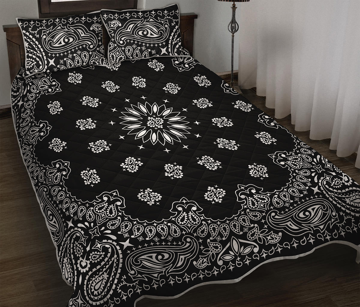 Black Paisley Bandana Print Quilt Bed Set