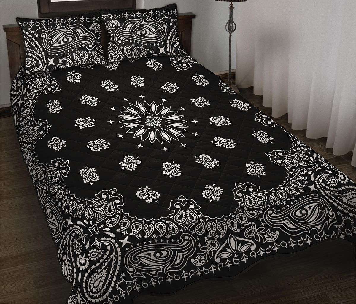 Black Paisley Bandana Print Quilt Bed Set