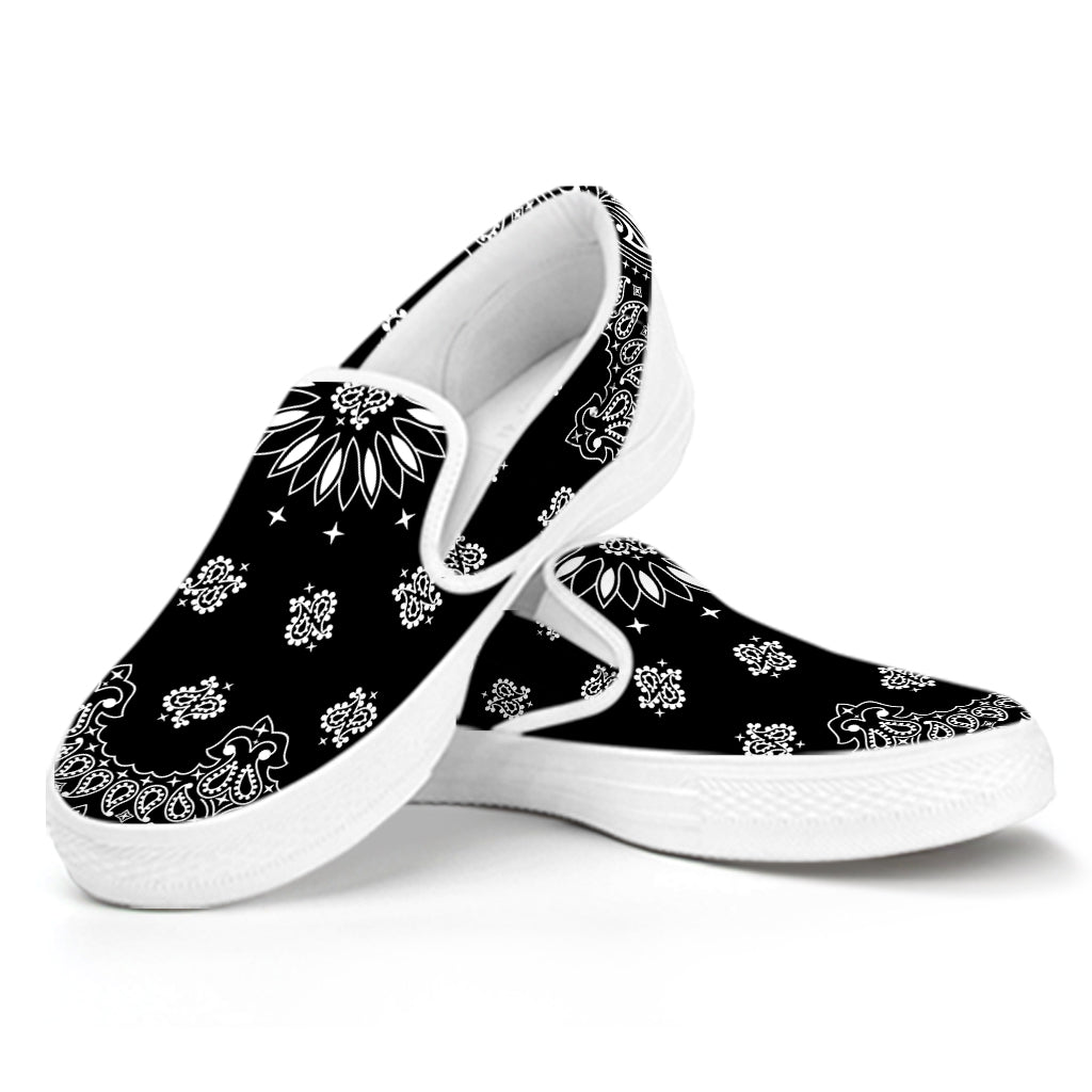 Black Paisley Bandana Print White Slip On Shoes