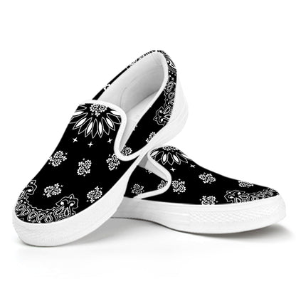 Black Paisley Bandana Print White Slip On Shoes