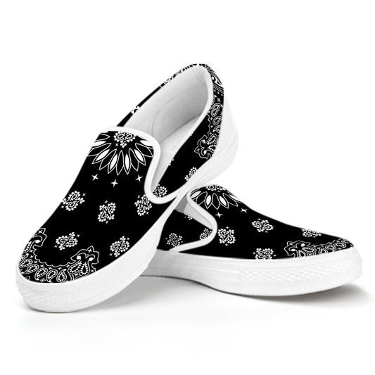 Black Paisley Bandana Print White Slip On Shoes