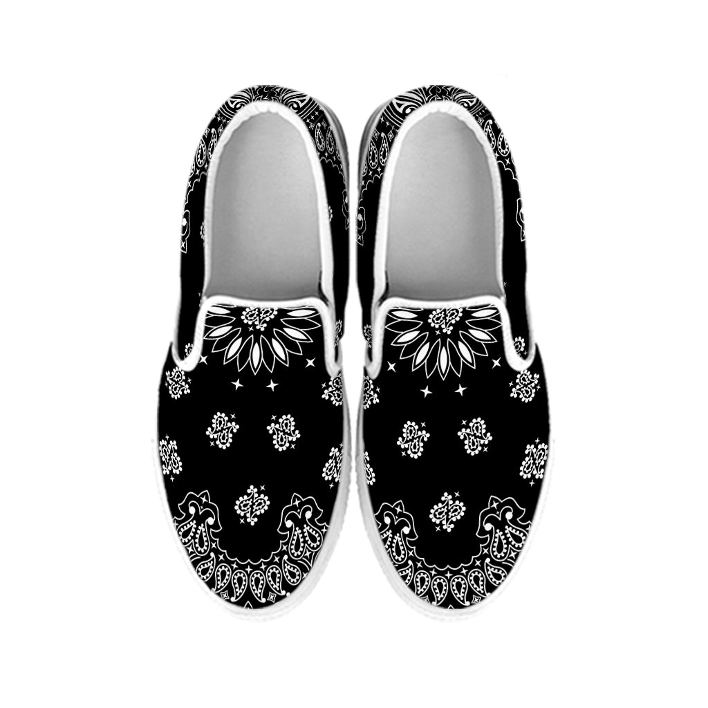 Black Paisley Bandana Print White Slip On Shoes