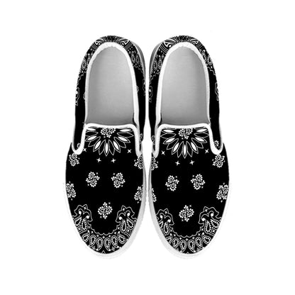 Black Paisley Bandana Print White Slip On Shoes