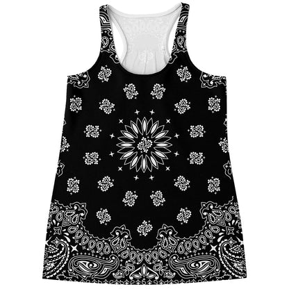 Black Paisley Bandana Print Women's Racerback Tank Top