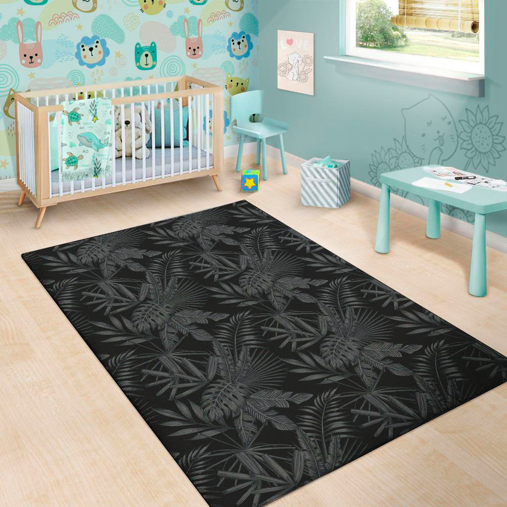 Black Palm Leaf Aloha Pattern Print Area Rug