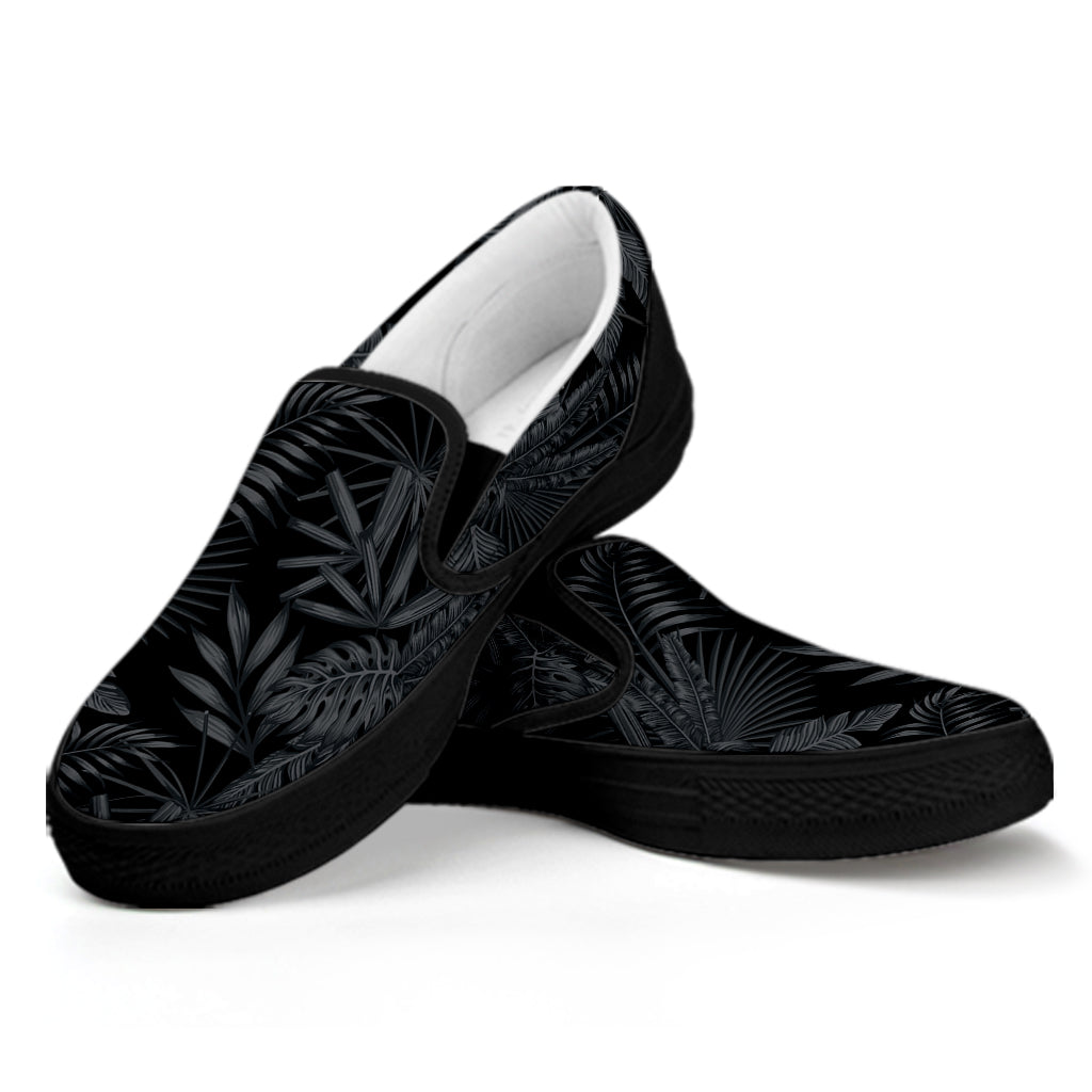 Black Palm Leaf Aloha Pattern Print Black Slip On Shoes