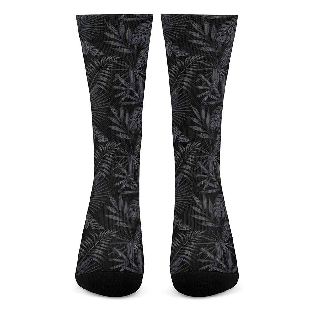 Black Palm Leaf Aloha Pattern Print Crew Socks