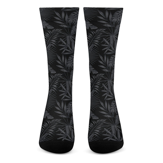 Black Palm Leaf Aloha Pattern Print Crew Socks