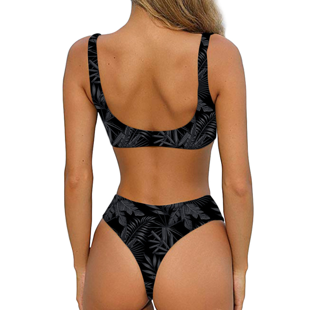 Black Palm Leaf Aloha Pattern Print Front Bow Tie Bikini
