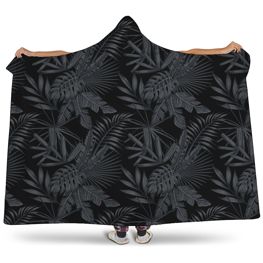 Black Palm Leaf Aloha Pattern Print Hooded Blanket