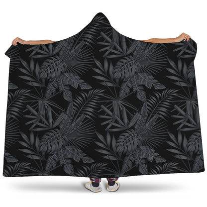 Black Palm Leaf Aloha Pattern Print Hooded Blanket