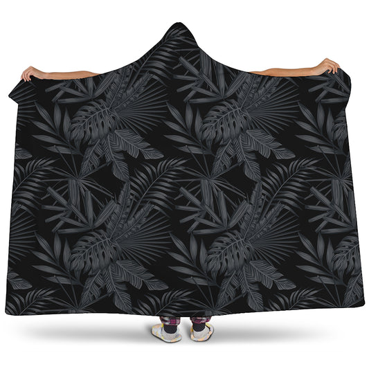 Black Palm Leaf Aloha Pattern Print Hooded Blanket