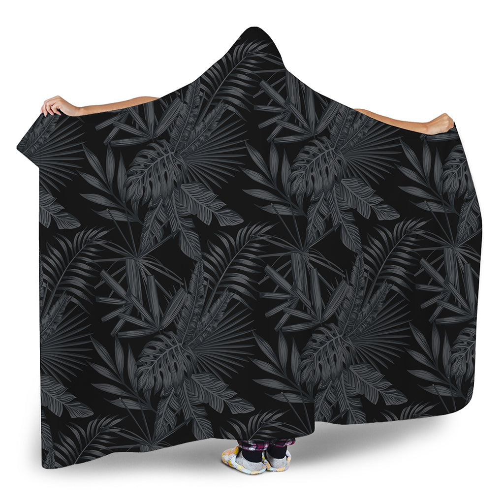 Black Palm Leaf Aloha Pattern Print Hooded Blanket