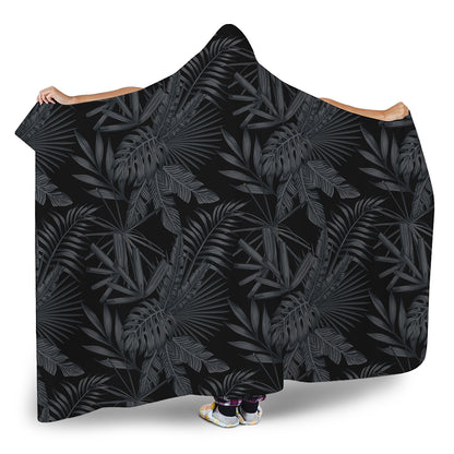 Black Palm Leaf Aloha Pattern Print Hooded Blanket