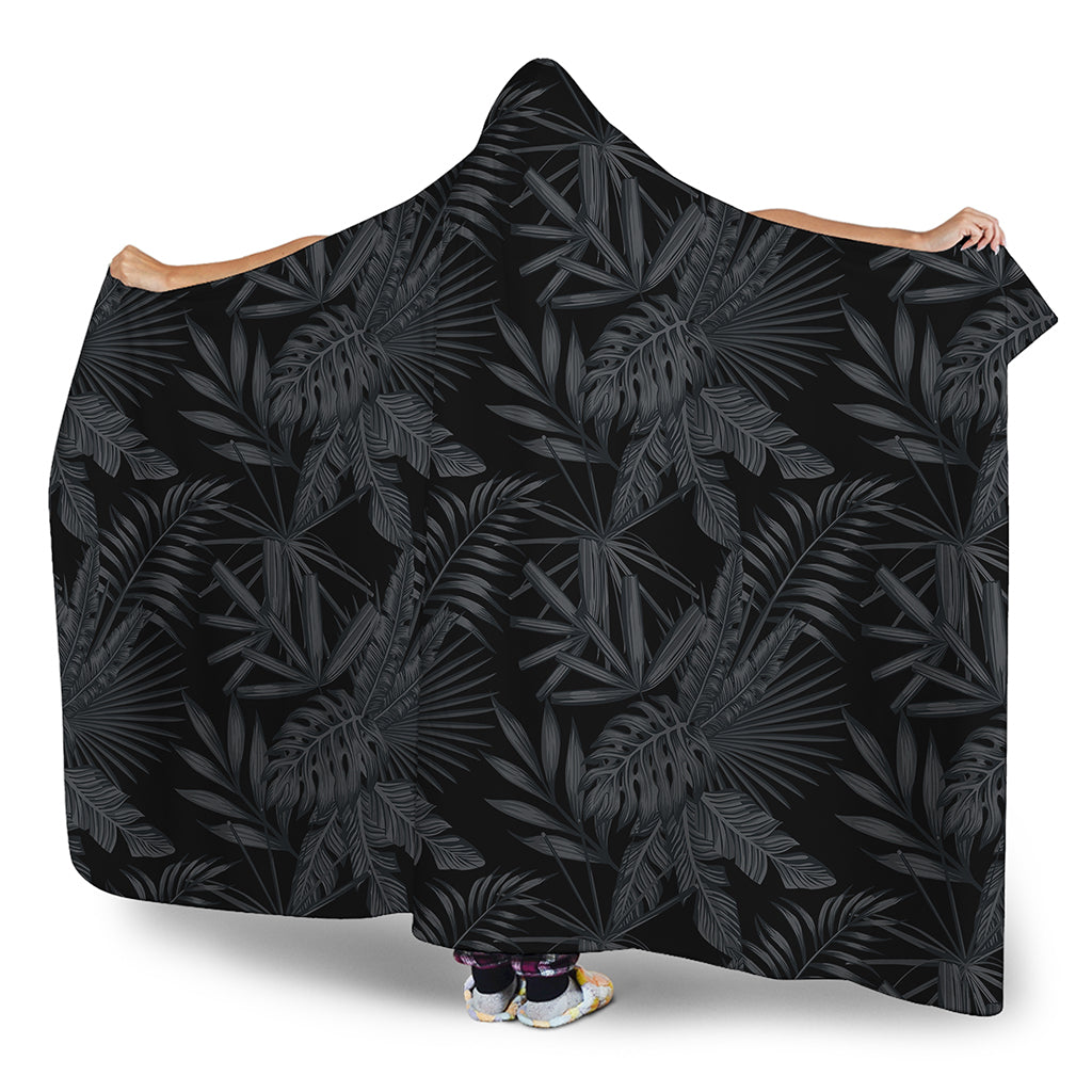 Black Palm Leaf Aloha Pattern Print Hooded Blanket