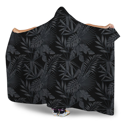 Black Palm Leaf Aloha Pattern Print Hooded Blanket