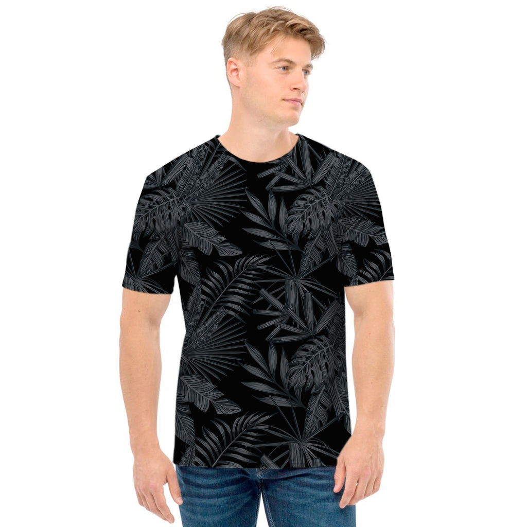 Black Palm Leaf Aloha Pattern Print Men's T-Shirt