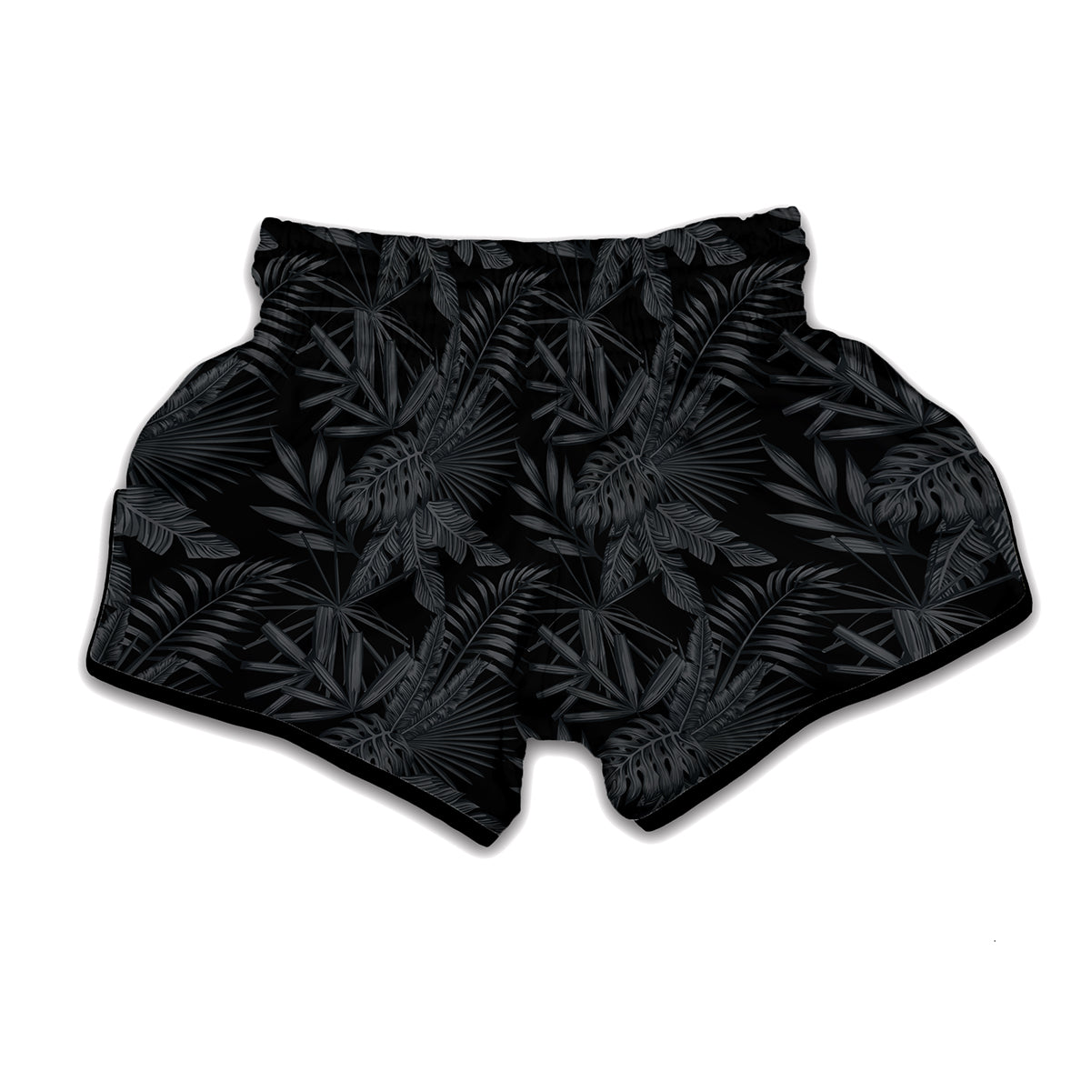 Black Palm Leaf Aloha Pattern Print Muay Thai Boxing Shorts