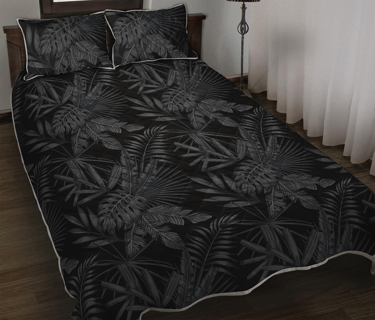 Black Palm Leaf Aloha Pattern Print Quilt Bed Set