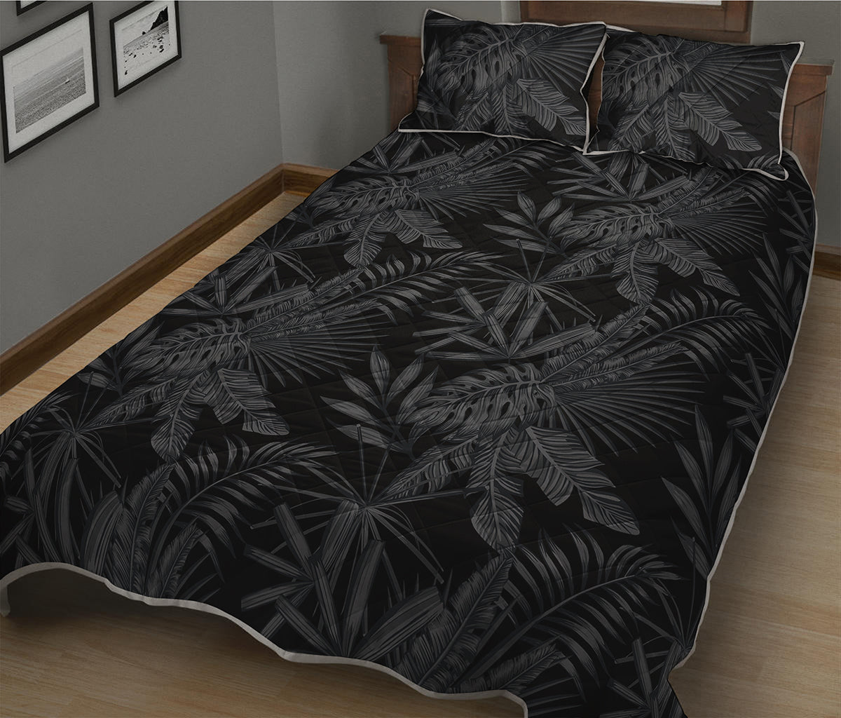 Black Palm Leaf Aloha Pattern Print Quilt Bed Set