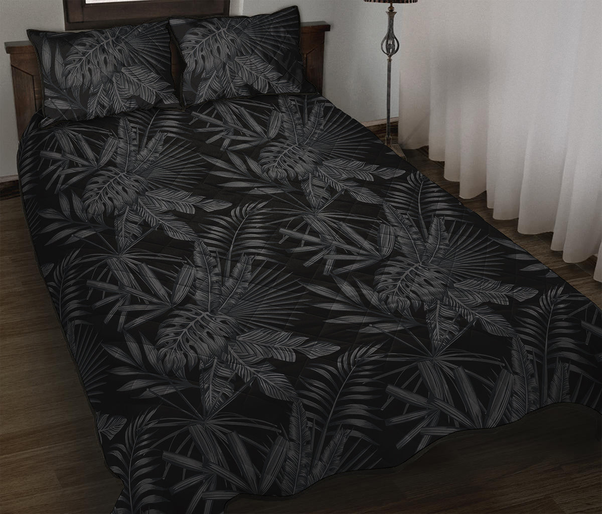 Black Palm Leaf Aloha Pattern Print Quilt Bed Set
