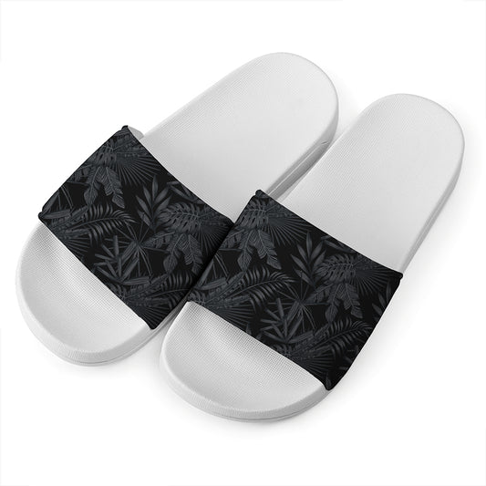 Black Palm Leaf Aloha Pattern Print White Slide Sandals