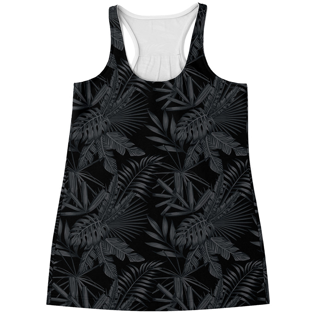 Black Palm Leaf Aloha Pattern Print Women's Racerback Tank Top