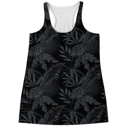 Black Palm Leaf Aloha Pattern Print Women's Racerback Tank Top