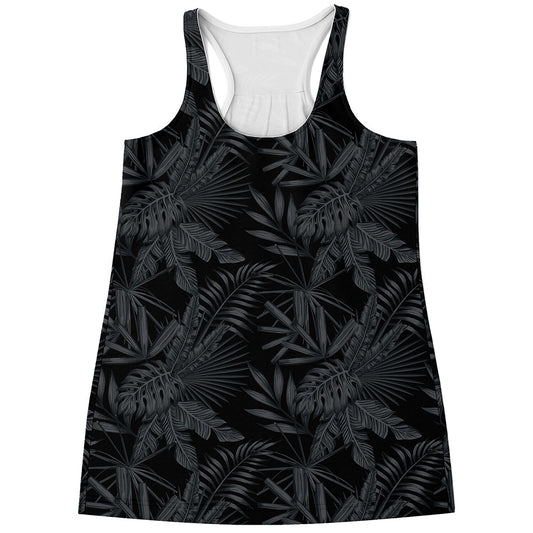 Black Palm Leaf Aloha Pattern Print Women's Racerback Tank Top