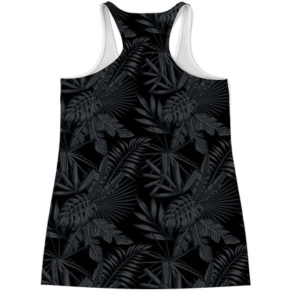 Black Palm Leaf Aloha Pattern Print Women's Racerback Tank Top