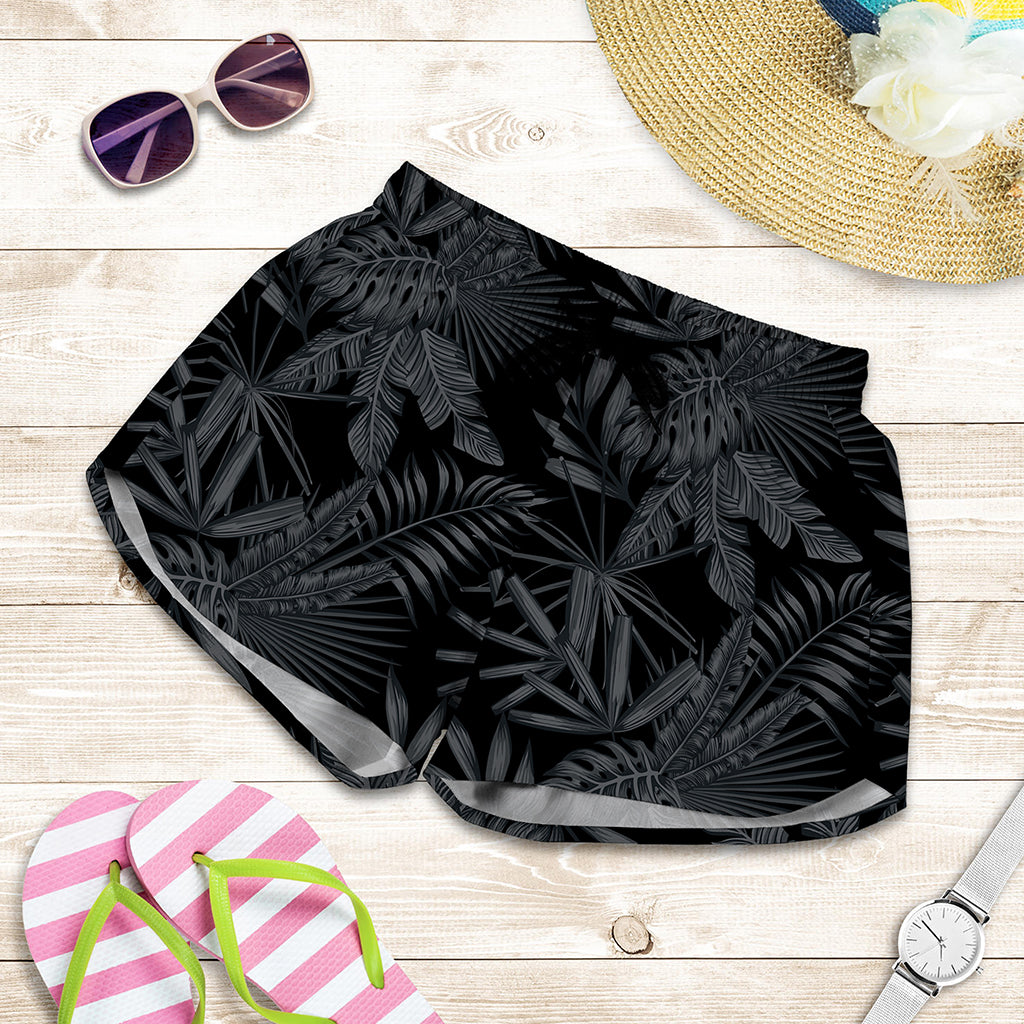 Black Palm Leaf Aloha Pattern Print Women's Shorts