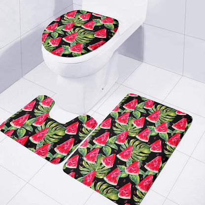 Black Palm Leaf Watermelon Pattern Print 3 Piece Bath Mat Set