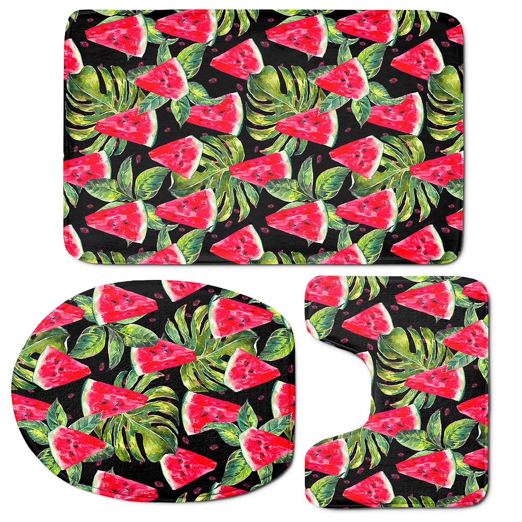 Black Palm Leaf Watermelon Pattern Print 3 Piece Bath Mat Set